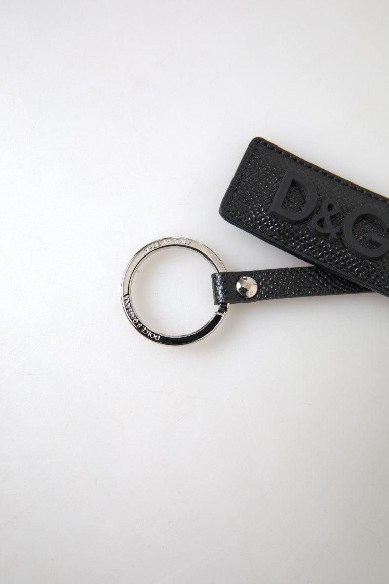 Dolce & Gabbana Schwarzes DG Logo Leder Silber Metall Schlüsselanhänger