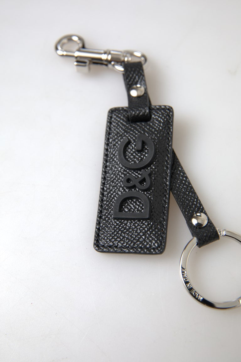 Dolce & Gabbana Schwarzes DG Logo Leder Silber Metall Schlüsselanhänger