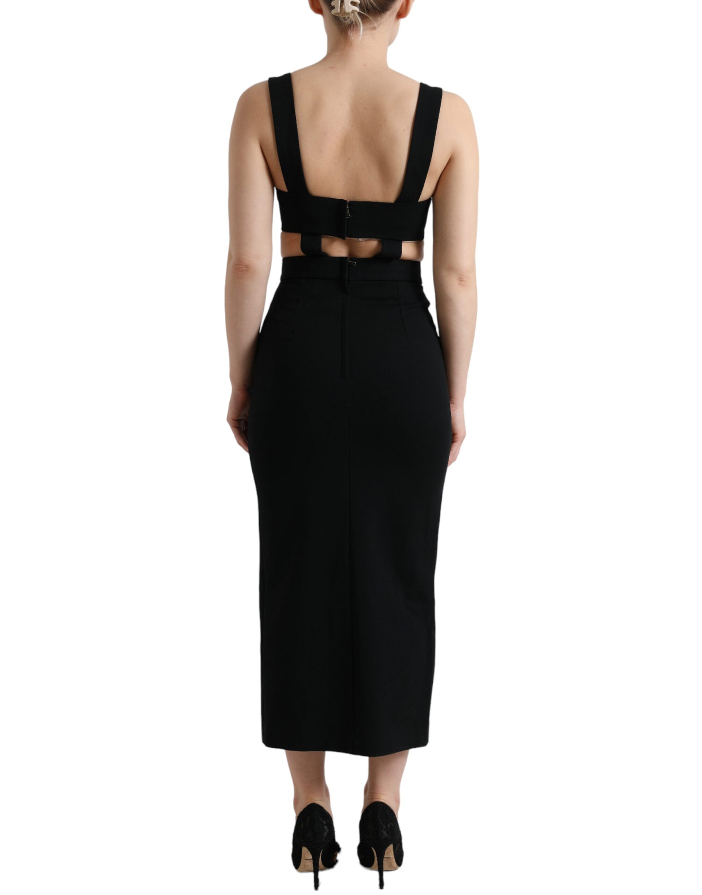 Dolce & Gabbana Schwarzes ausgeschnittenes ärmelloses Bodycon Midikleid