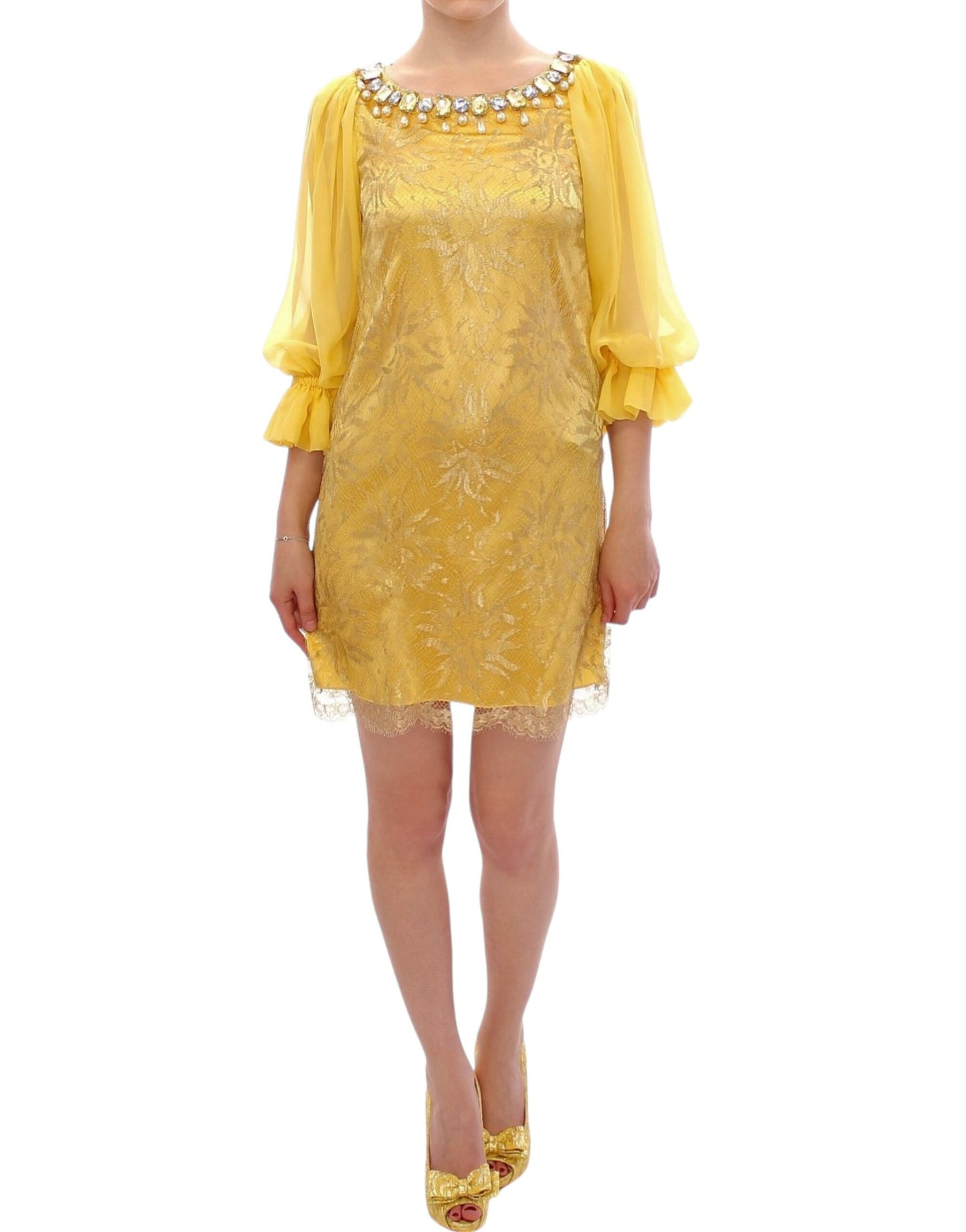 Dolce & Gabbana Yellow lace mini dress with crystal embellishment
