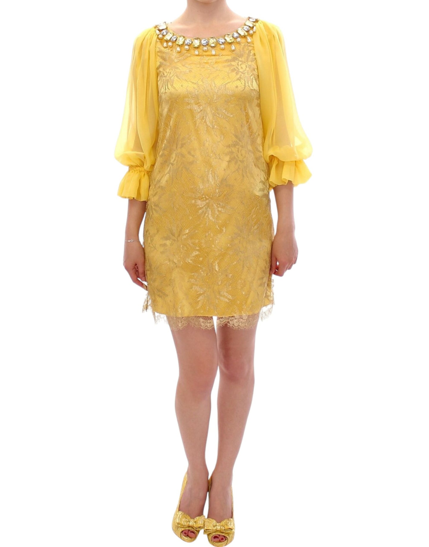 Dolce & Gabbana Yellow lace mini dress with crystal embellishment