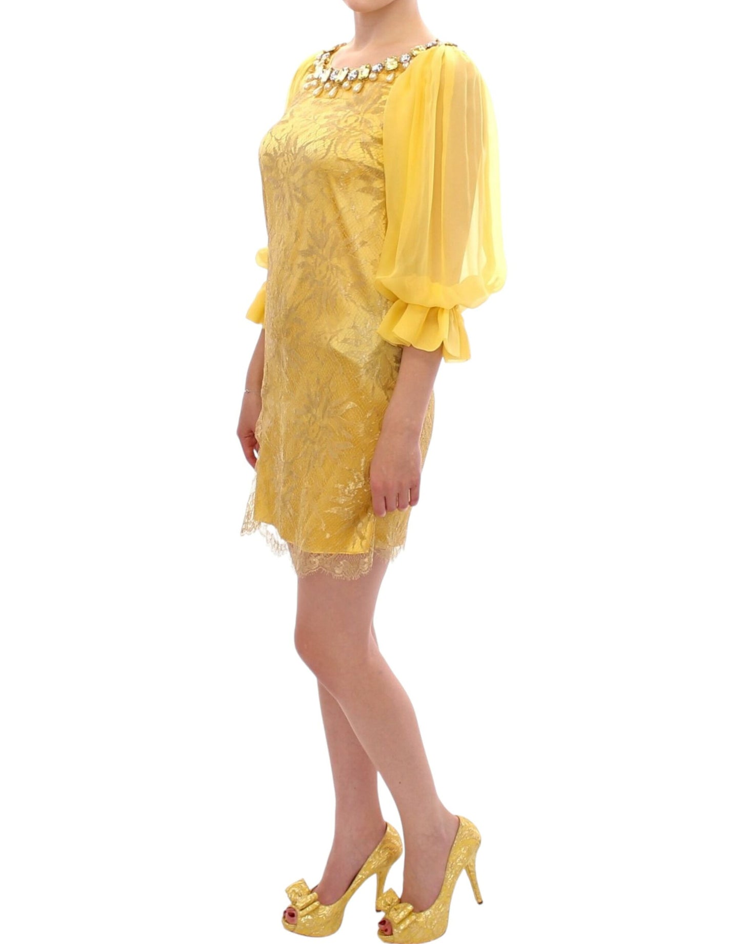 Dolce & Gabbana Yellow lace mini dress with crystal embellishment