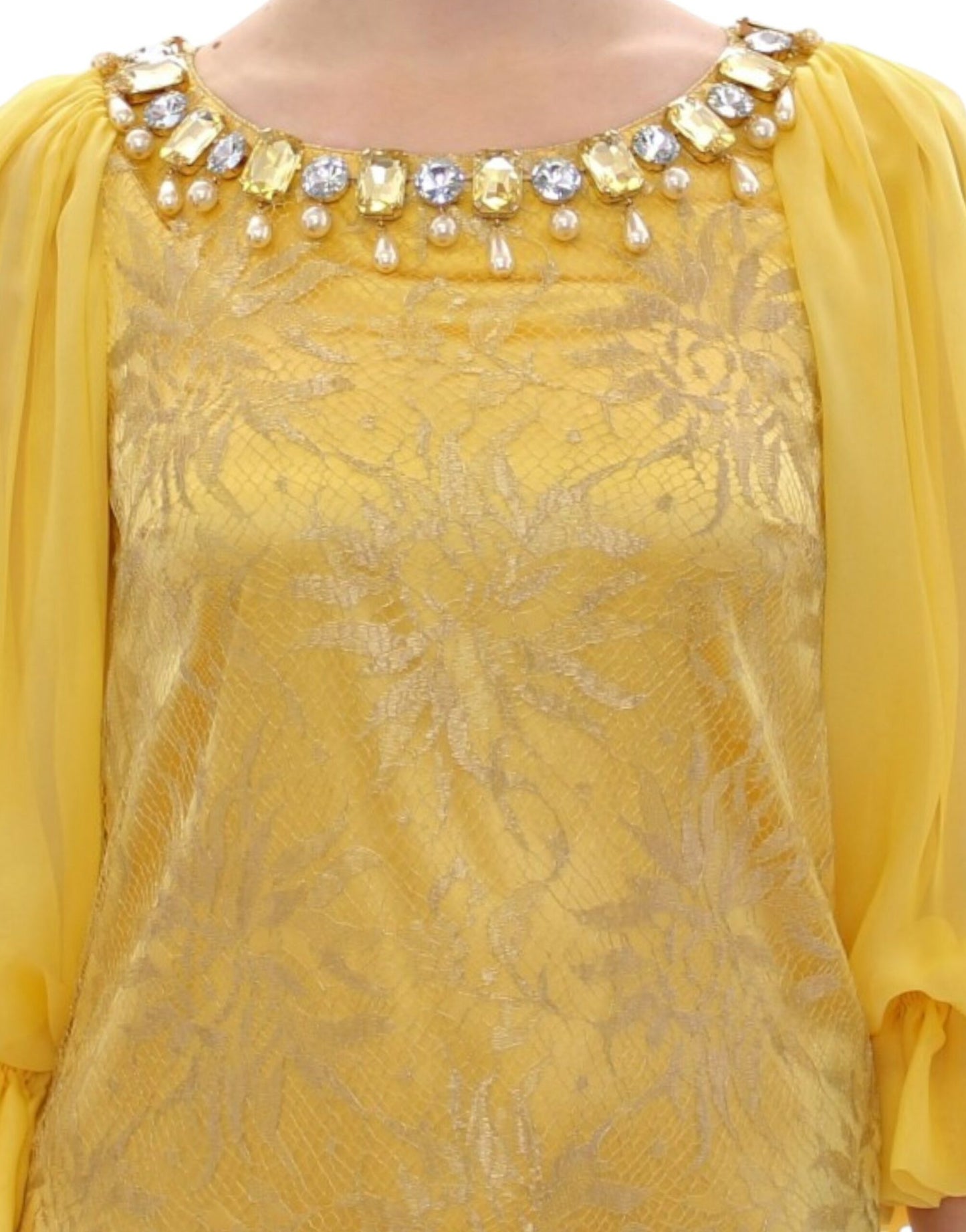 Dolce & Gabbana Yellow lace mini dress with crystal embellishment