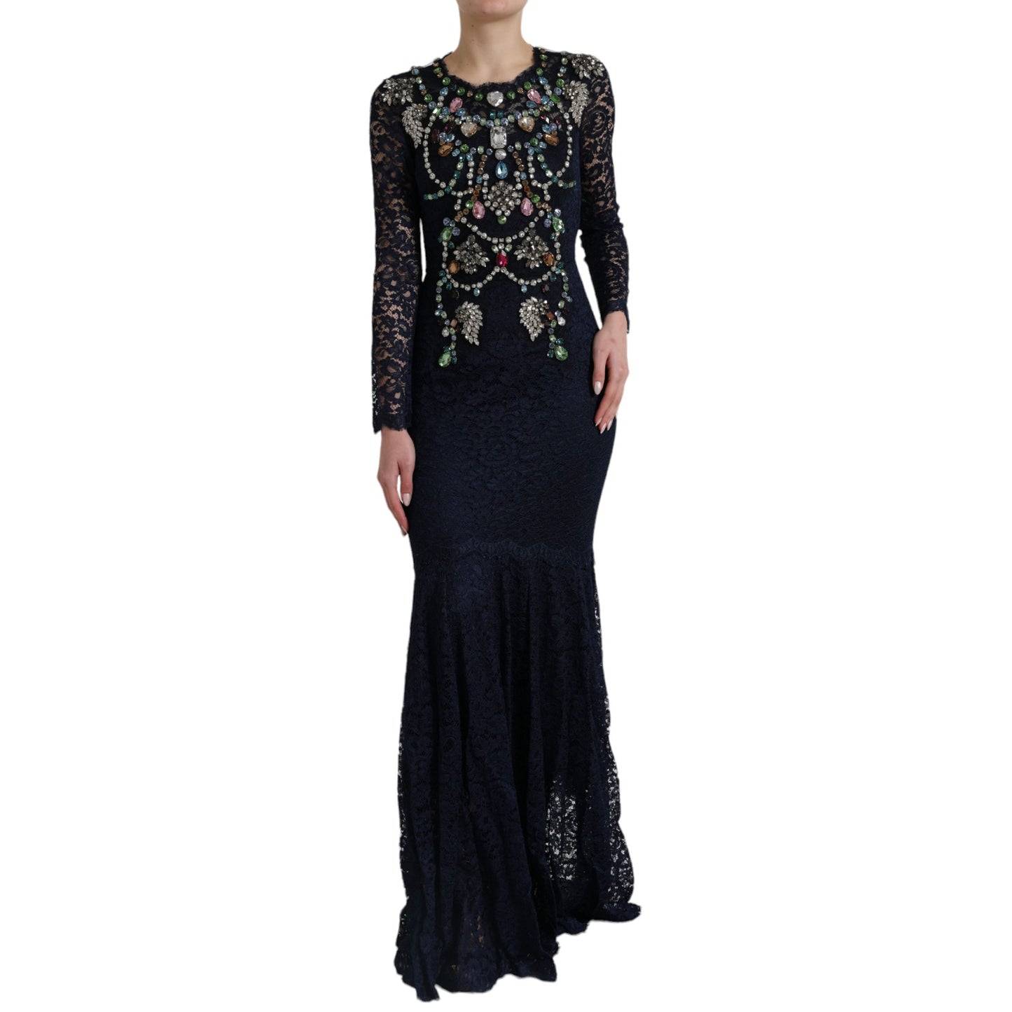 Dolce & Gabbana Crystal Embellished Navy Blue Flared Dress