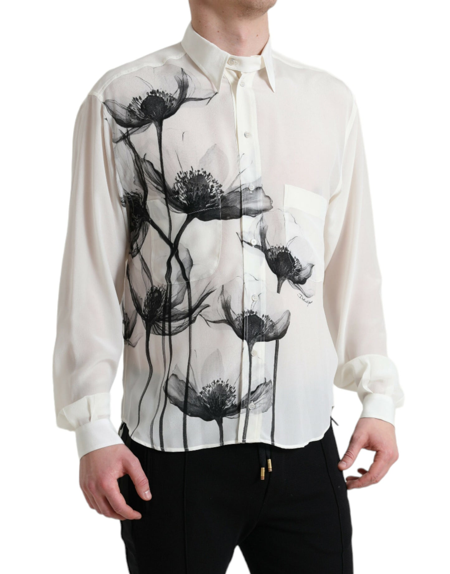 Dolce & Gabbana Weißes geblümtes Kleid mit Kragen Seidenhemd