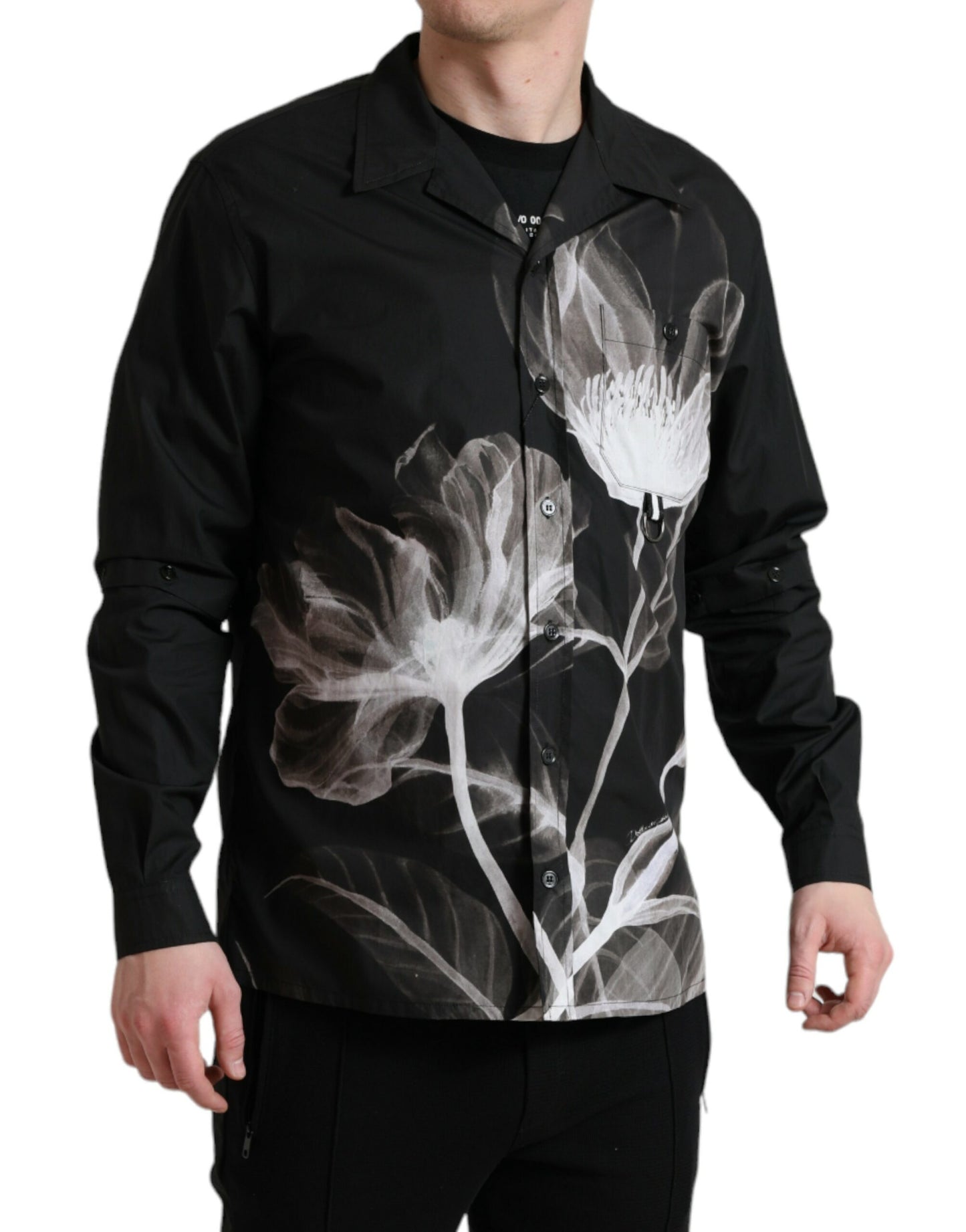 Dolce & Gabbana Schwarzes Baumwollhemd mit Blumenmuster und langen Ärmeln für Männer