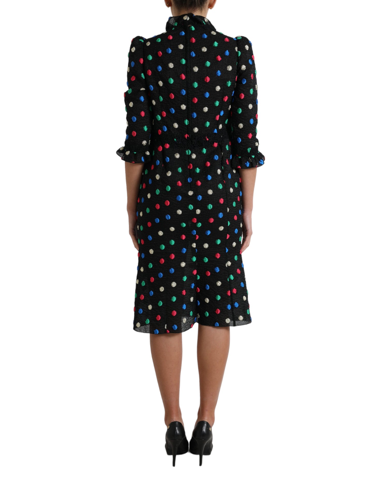 Dolce & Gabbana Schwarzes gepunktetes Midikleid mit Rüschen aus Baumwolle