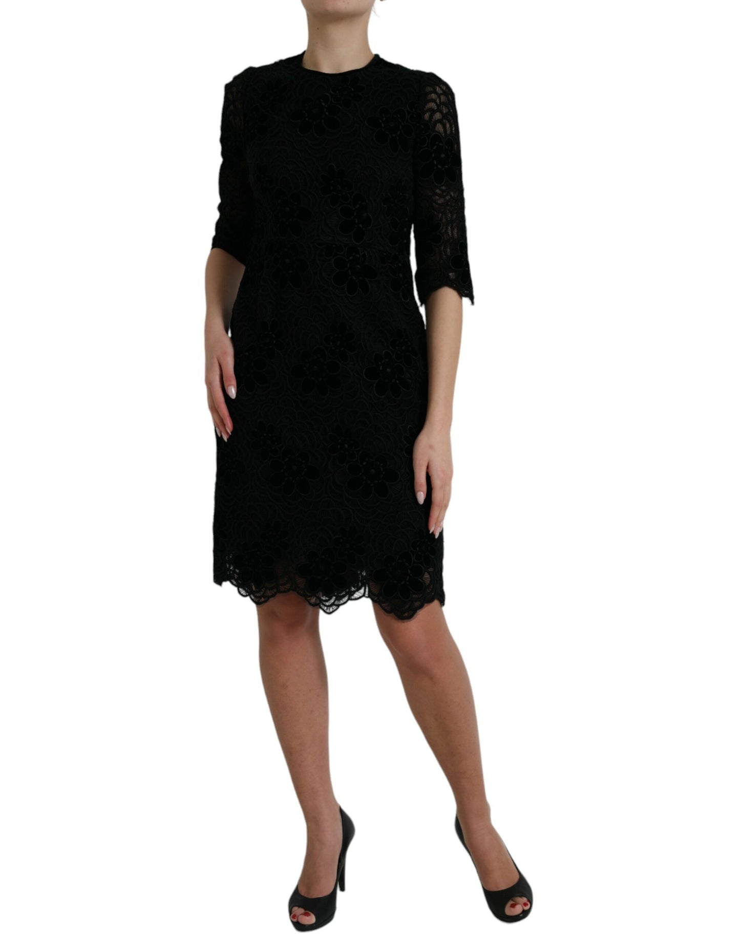 Dolce & Gabbana Schwarzes Bodycon-Kleid aus Baumwolle mit floraler Spitze