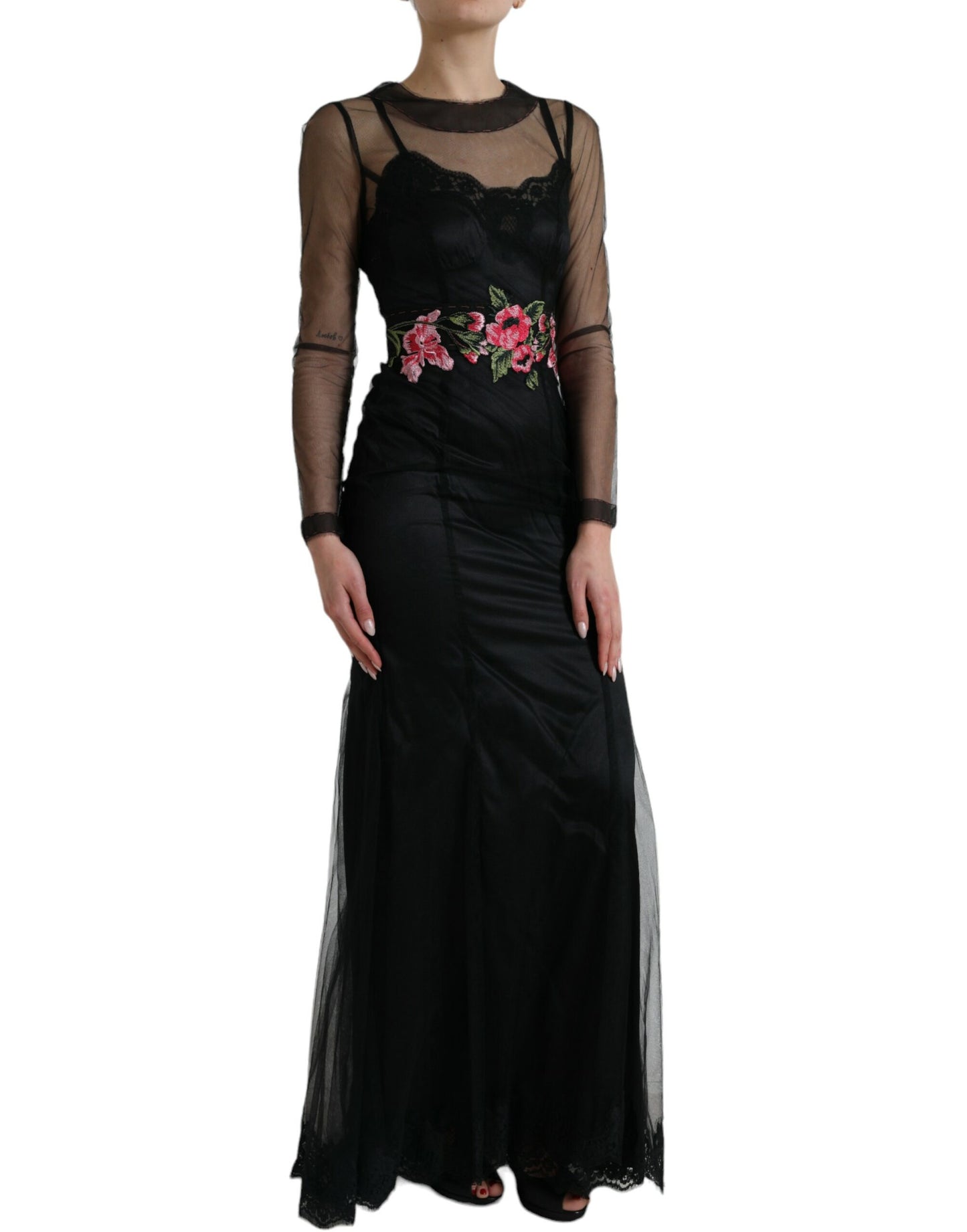 Dolce & Gabbana Schwarzes Kleid mit floraler Stickerei aus Mesh-Tüll