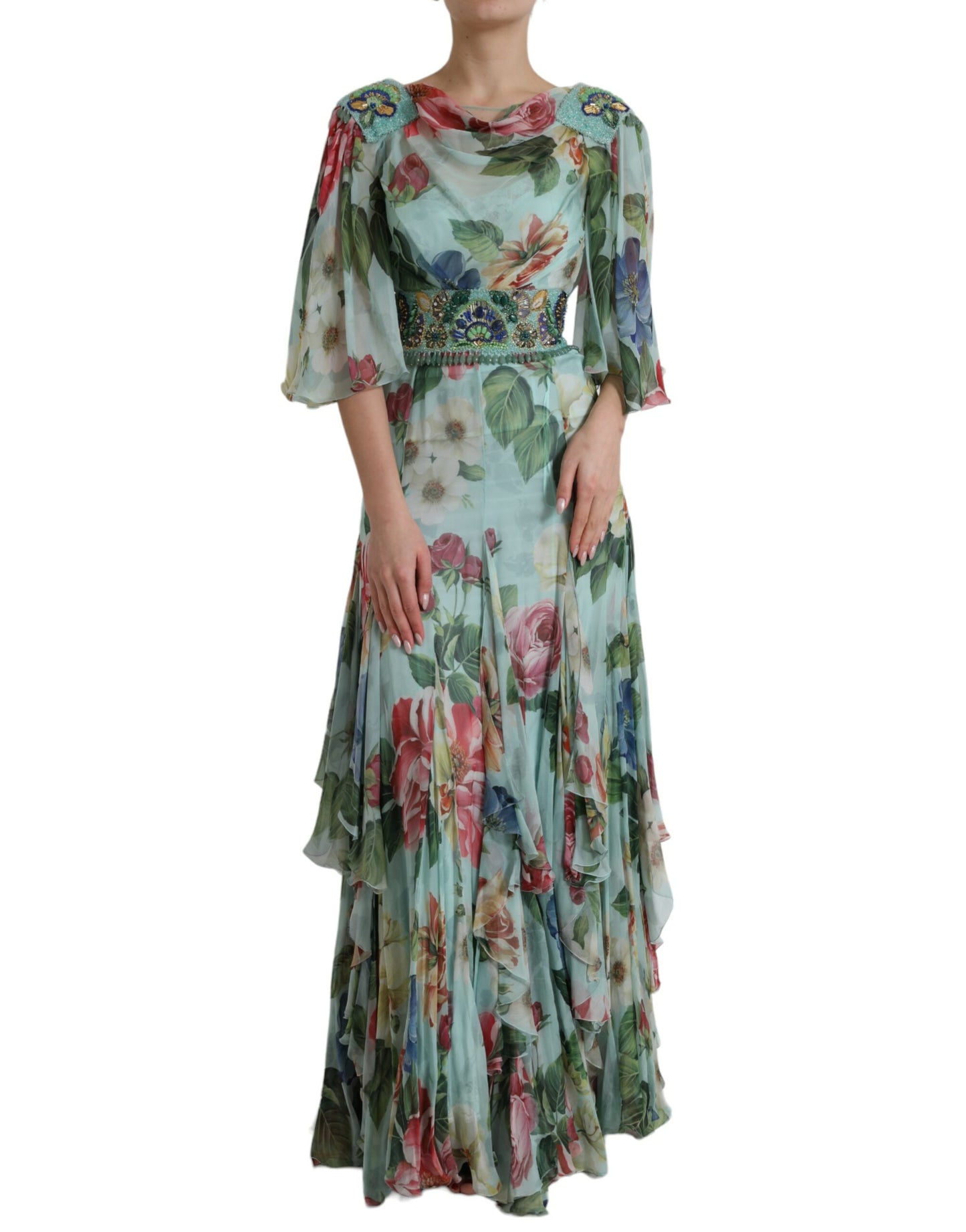 Dolce & Gabbana Blaues gestuftes Maxikleid mit Blumendruck