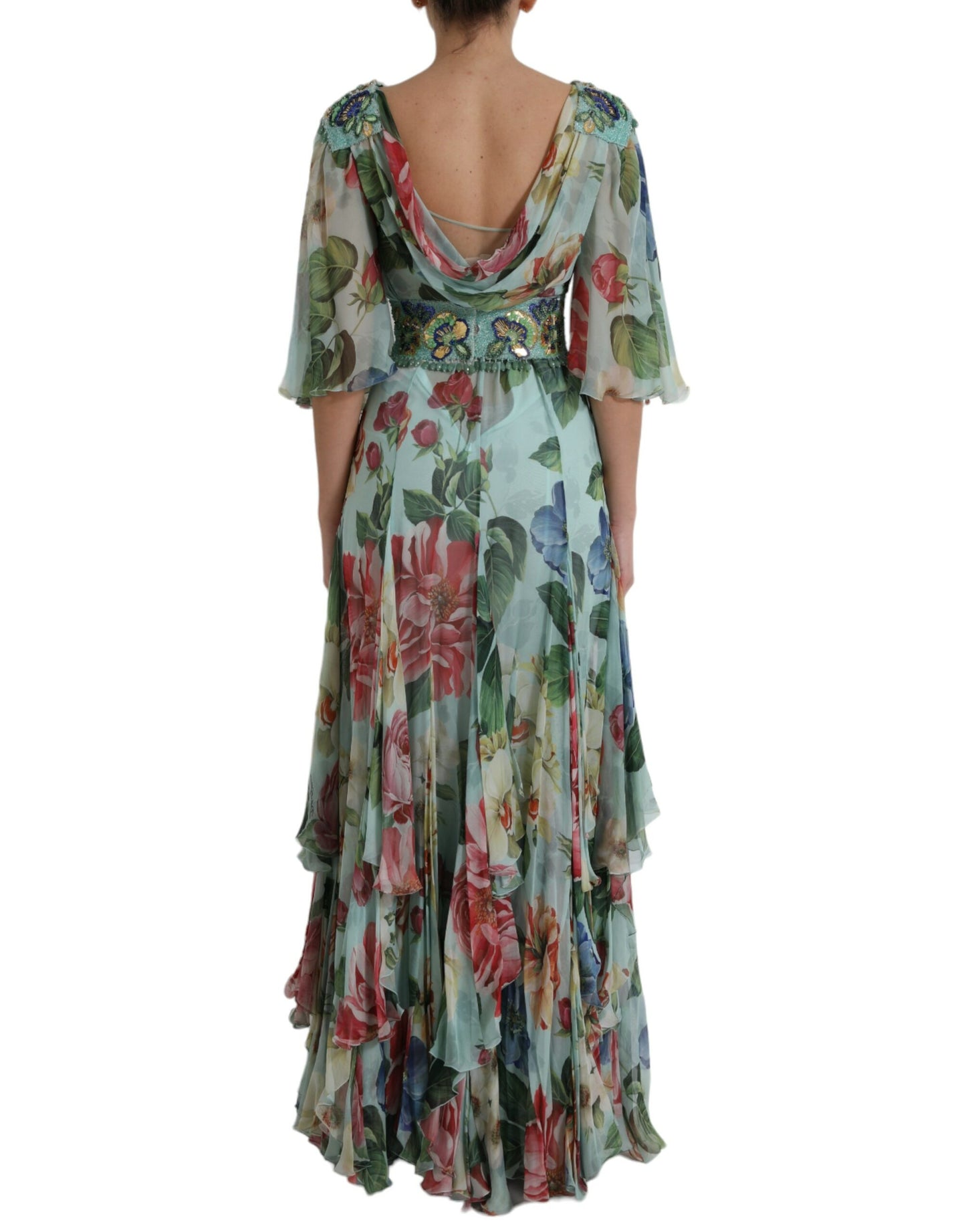 Dolce & Gabbana Blaues gestuftes Maxikleid mit Blumendruck