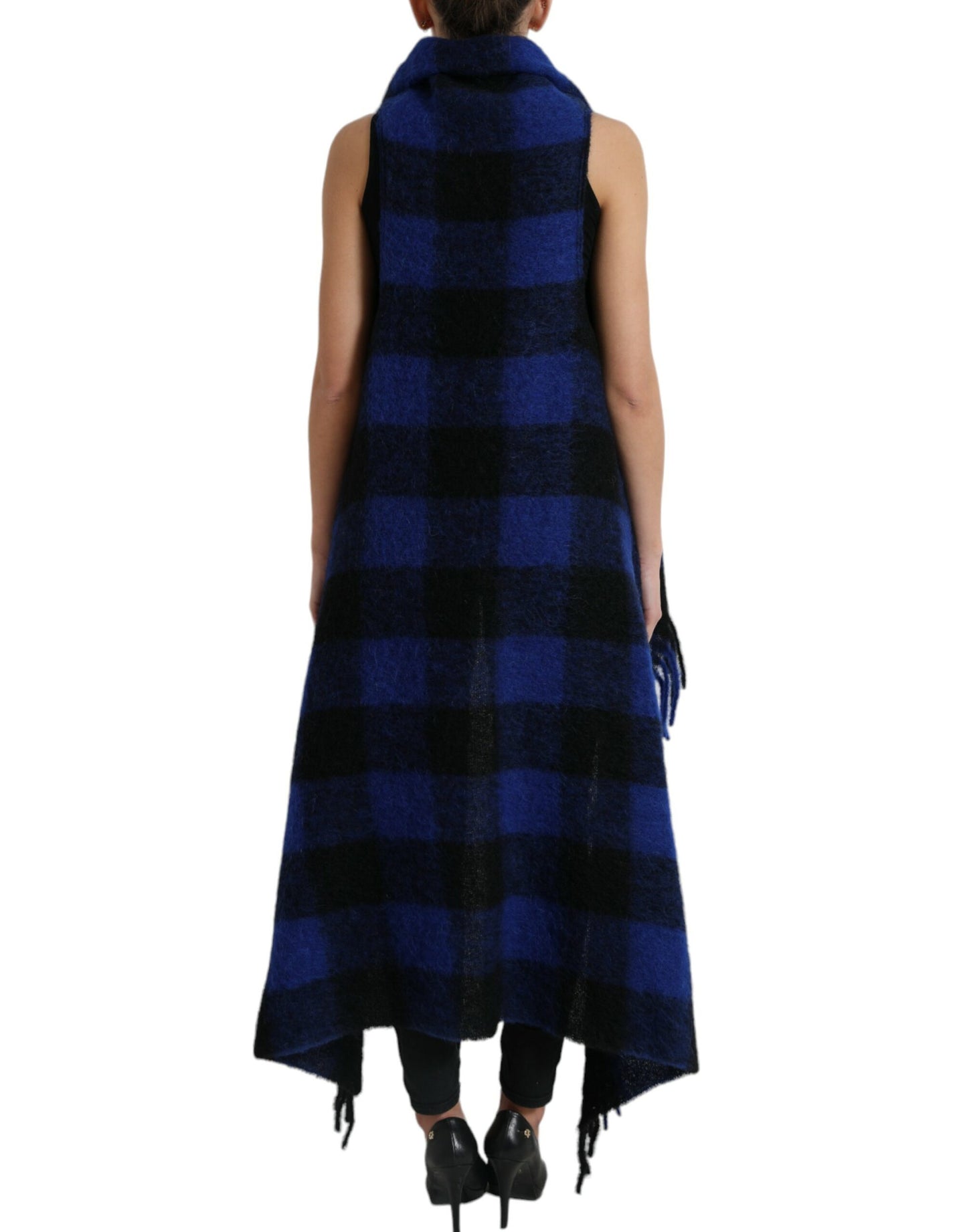 Dolce & Gabbana Schwarz Blau Büffelkaro Poncho Mantel Pullover