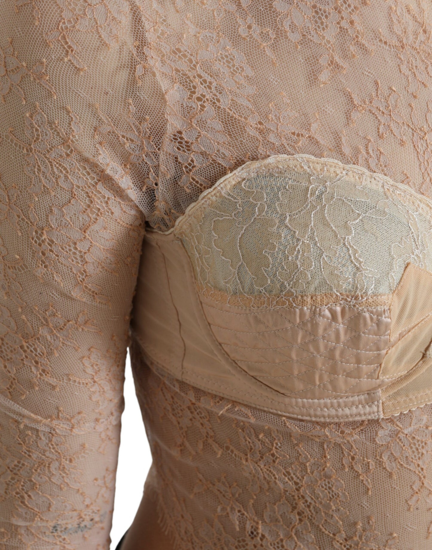 Dolce & Gabbana Beigefarbenes Nylon Bustier mit floraler Spitze und Cropped Top