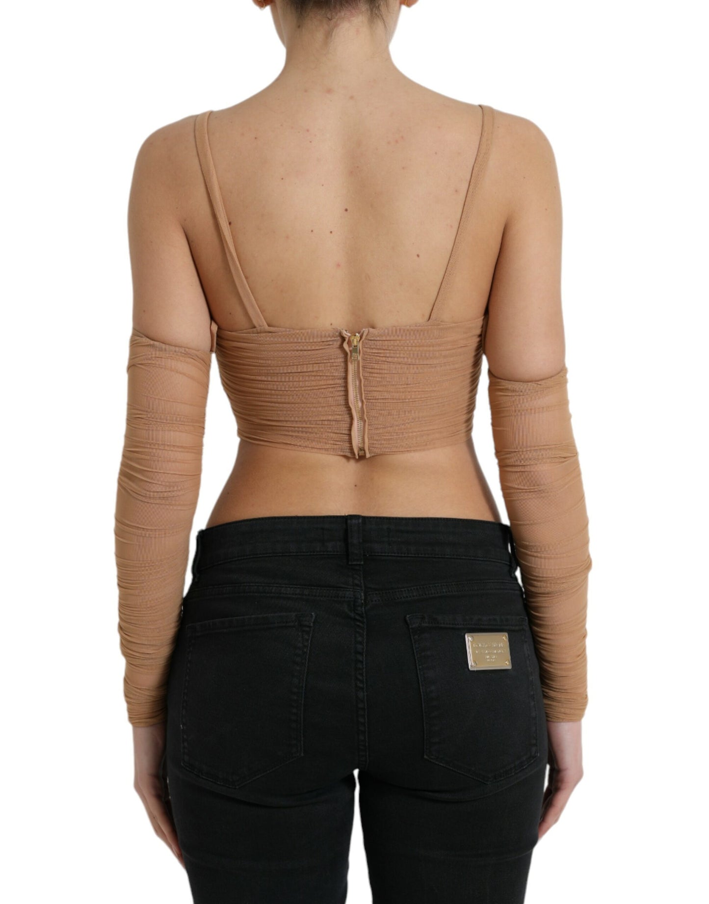 Dolce & Gabbana Braunes Nylon-Stretch-Top mit offener Schulterpartie