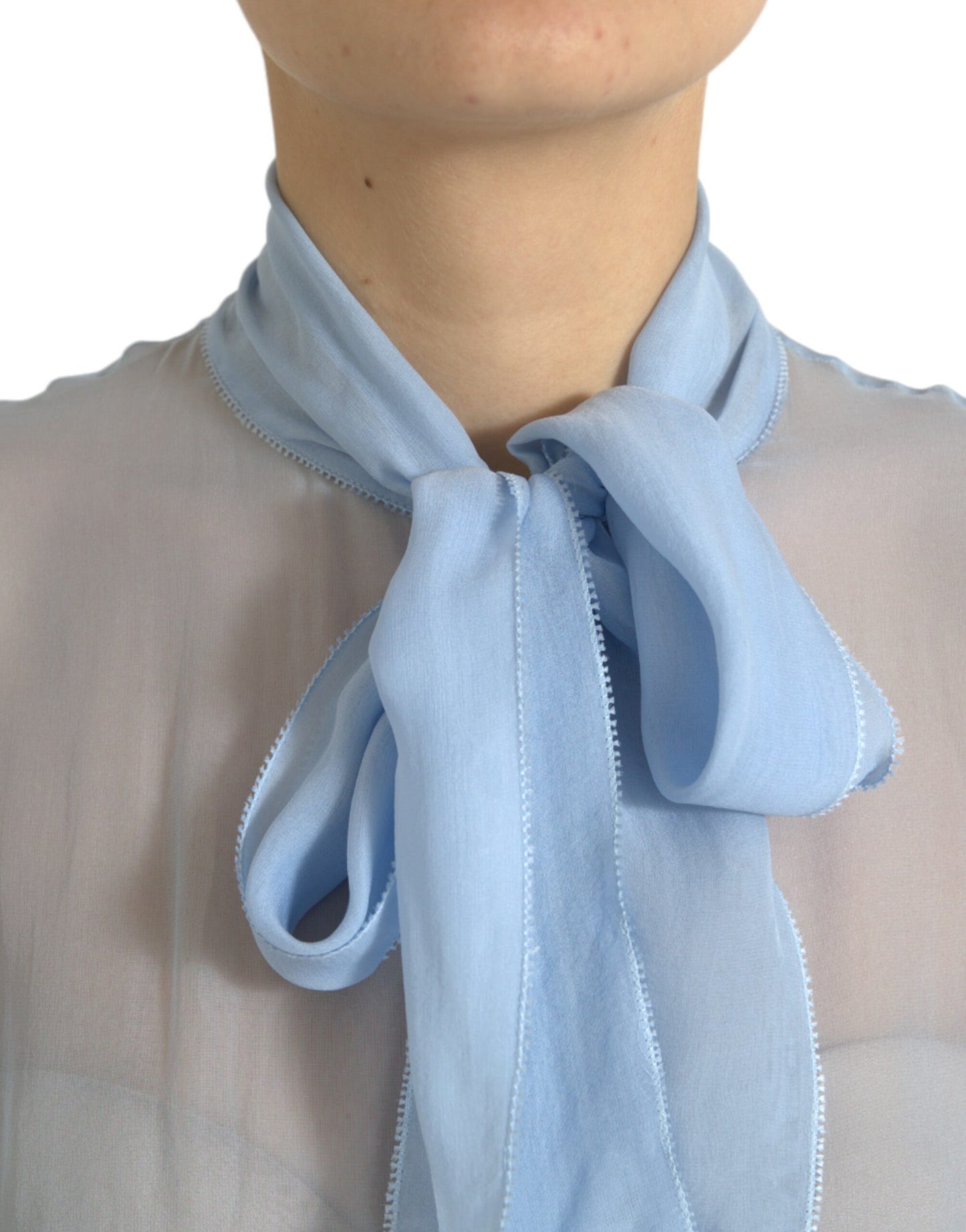Dolce & Gabbana Blaues langärmeliges Blusentop mit Ascot-Kragen