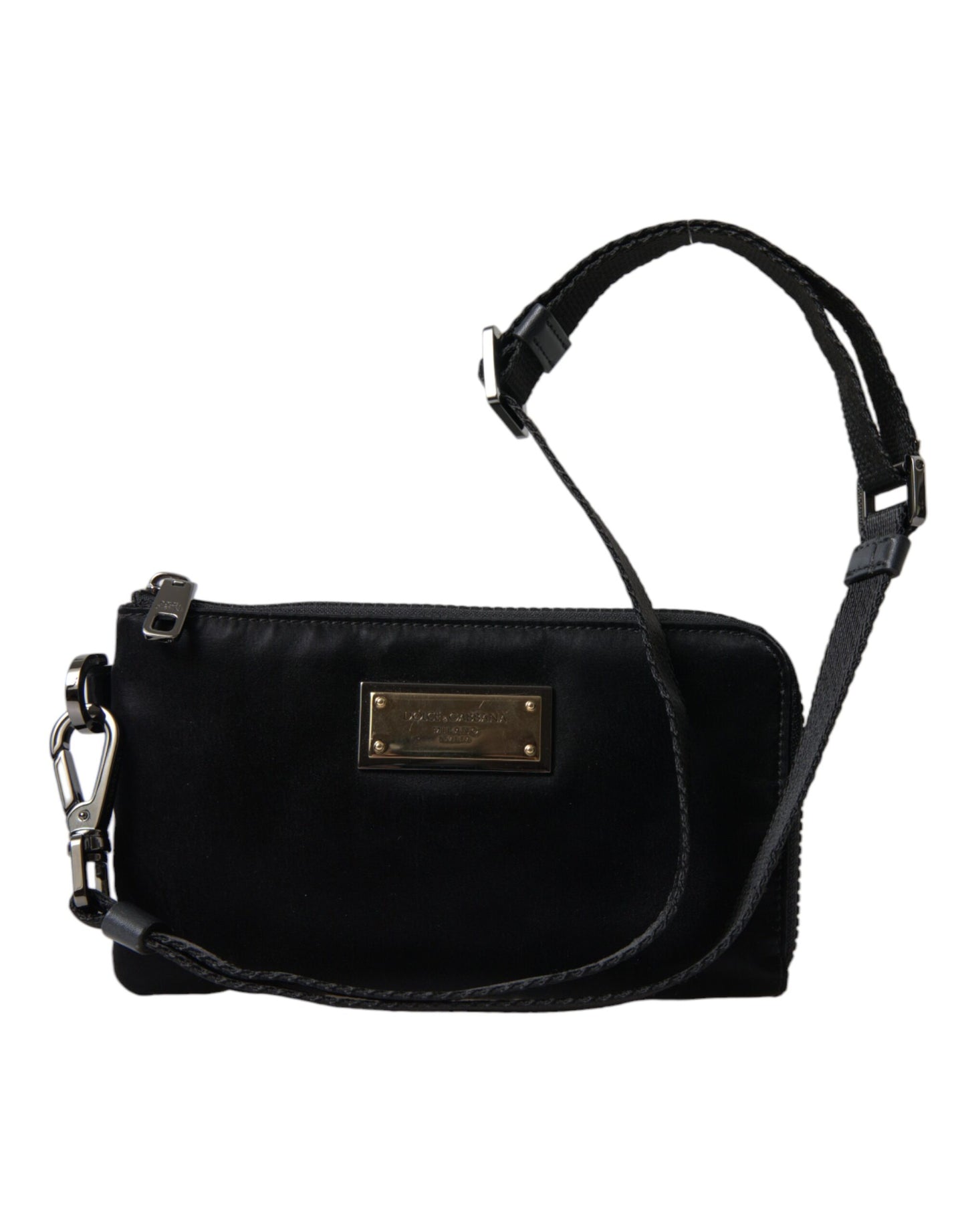Dolce & Gabbana Schwarzes Nylon Logo Plaque Schlüsselanhänger Tasche Clutch