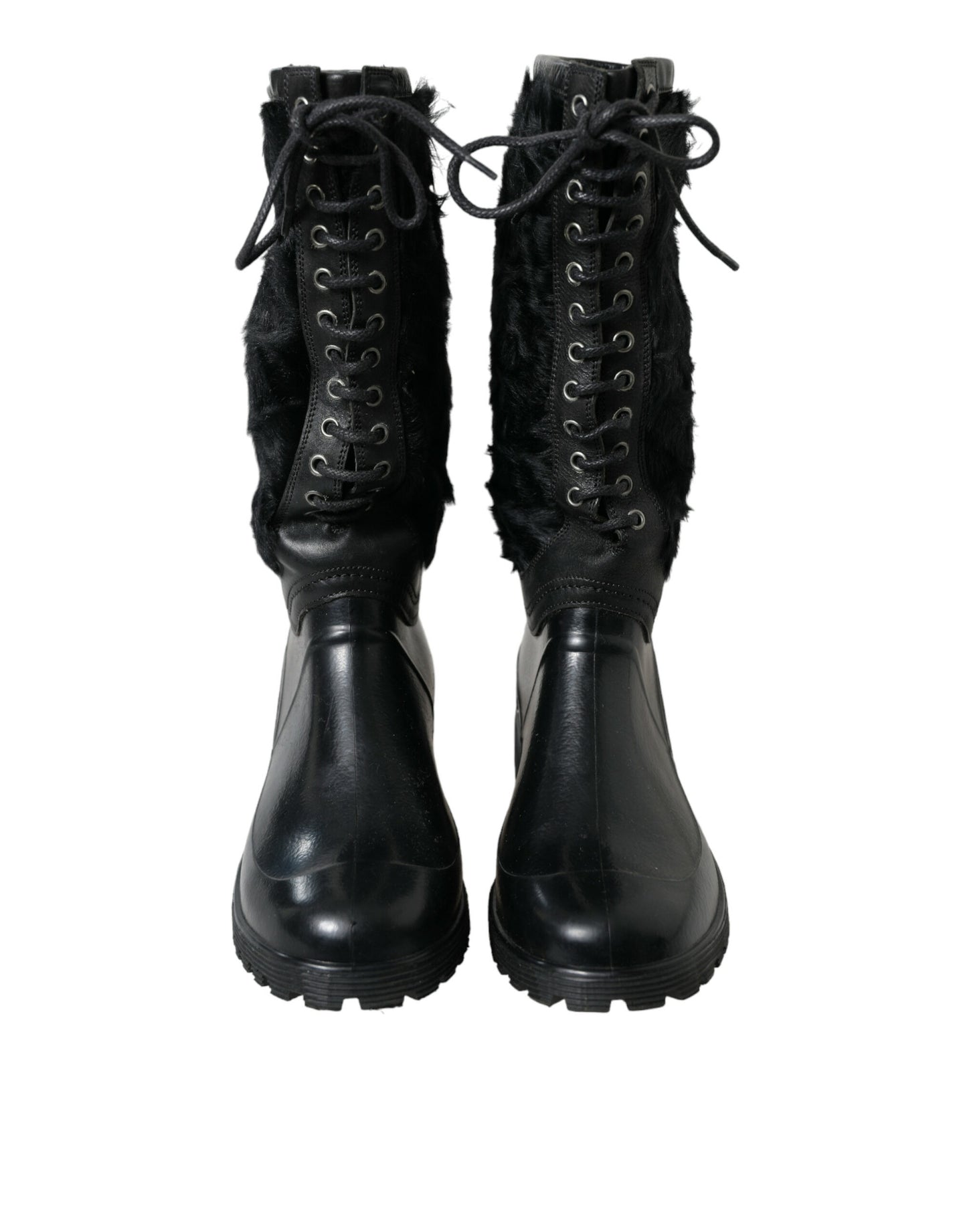 Dolce & Gabbana Schwarze Gummischnürsenkel Shearling Regenstiefel Schuhe