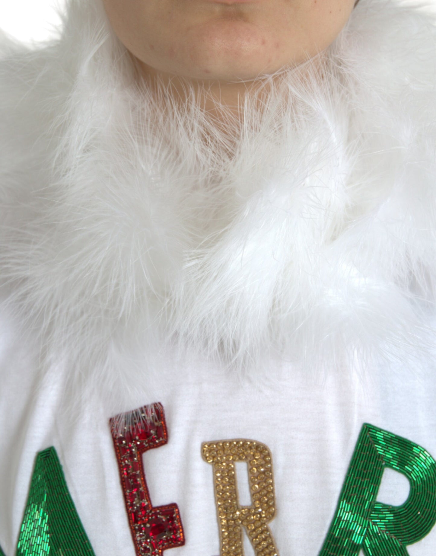 Dolce & Gabbana Weißes Baumwoll-Weihnachts-T-Shirt mit Paillettenpelz