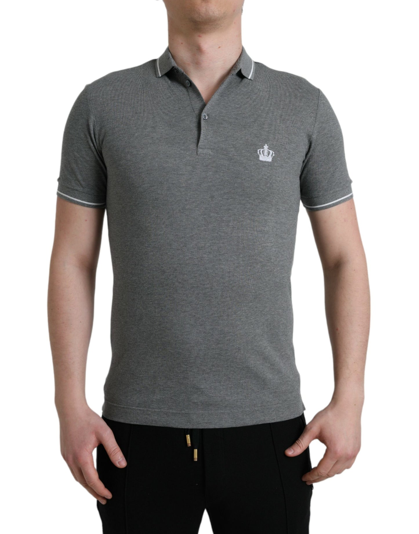 Dolce & Gabbana Graues Kurzarm-T-Shirt mit Kragen und Krone