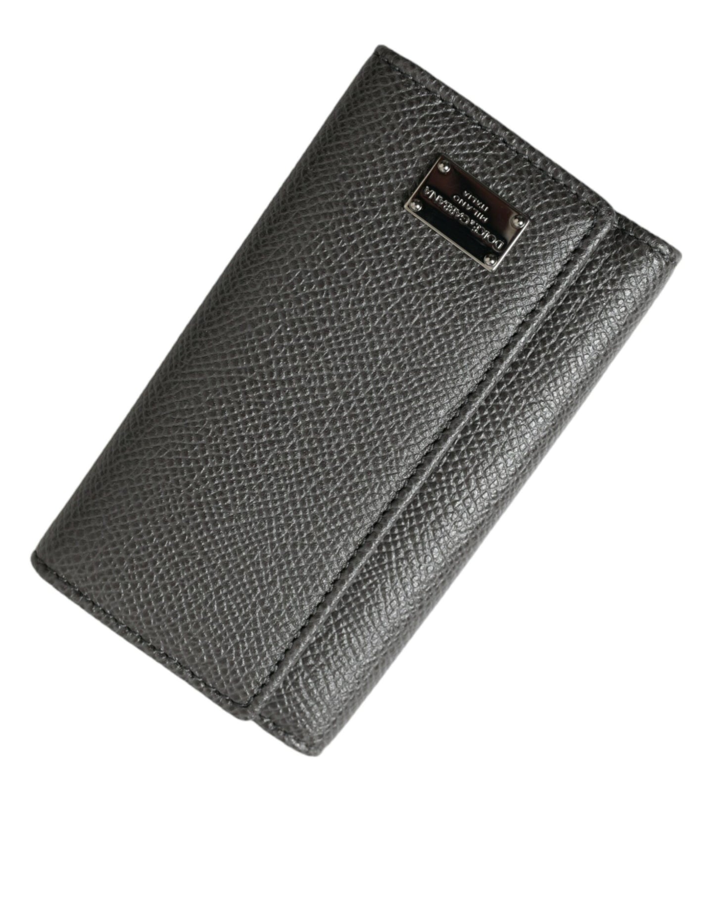 Dolce & Gabbana Graues Leder Silber Metall Logo Plaque Trifold Schlüsselanhänger