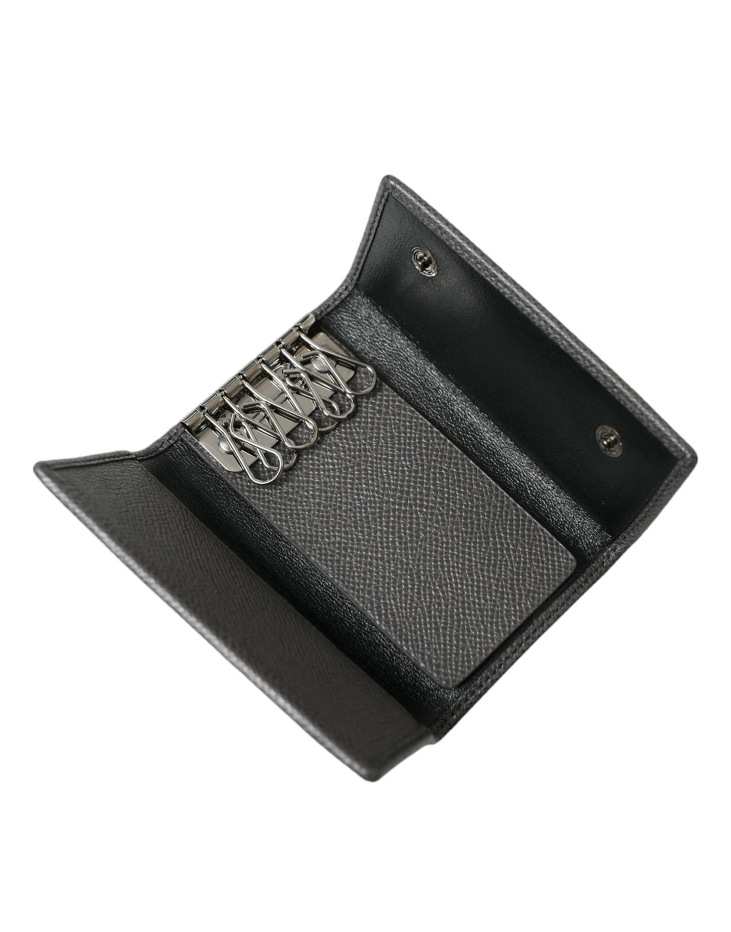 Dolce & Gabbana Graues Leder Silber Metall Logo Plaque Trifold Schlüsselanhänger