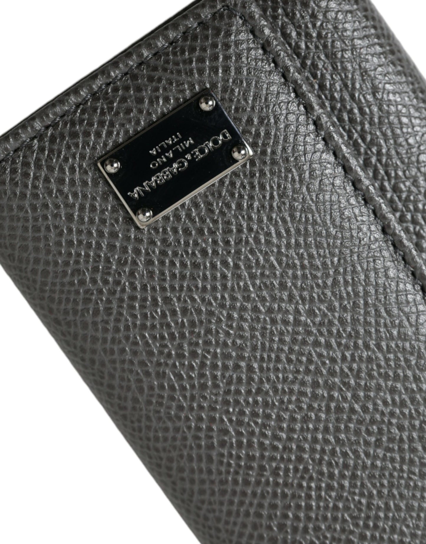 Dolce & Gabbana Graues Leder Silber Metall Logo Plaque Trifold Schlüsselanhänger