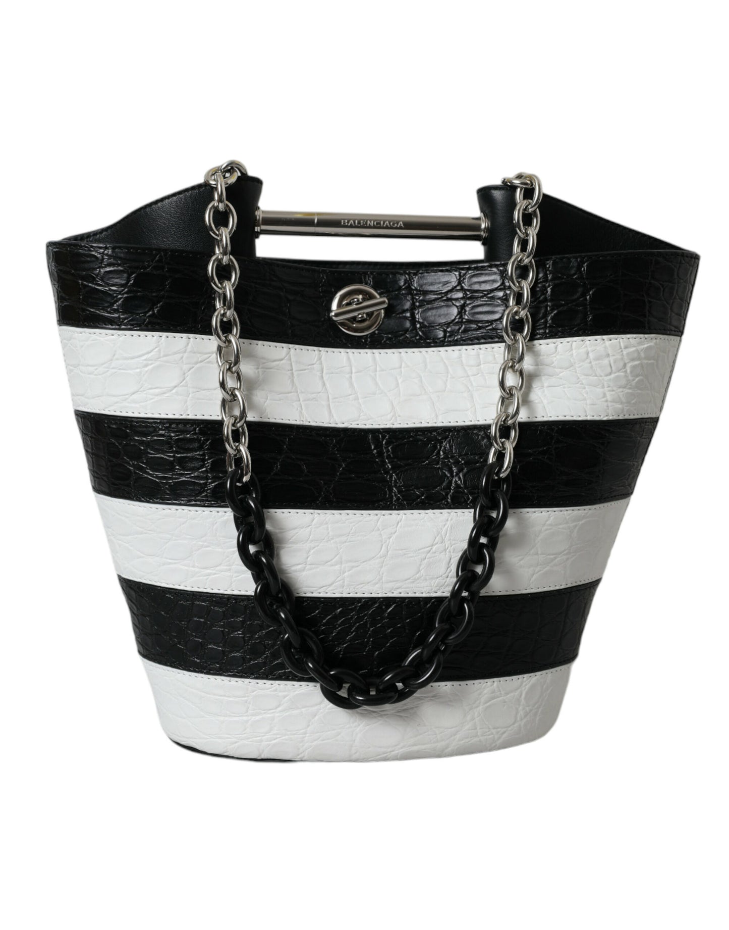 Balenciaga Schwarz-weiß gestreifte Exotenhaut Leder Maxi Bucket Tote Bag