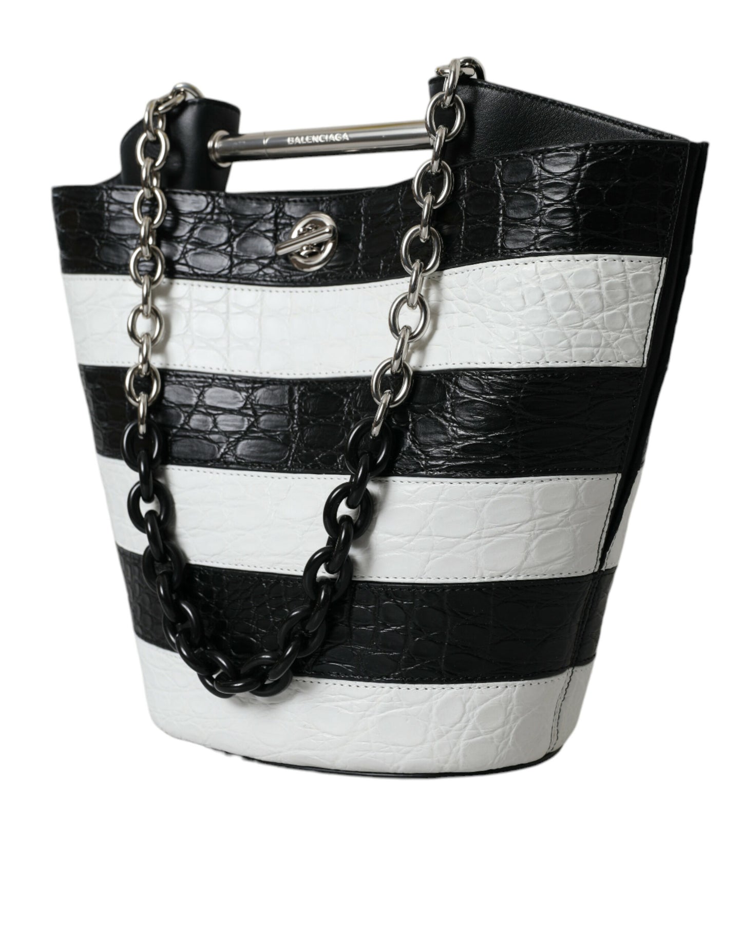 Balenciaga Schwarz-weiß gestreifte Exotenhaut Leder Maxi Bucket Tote Bag