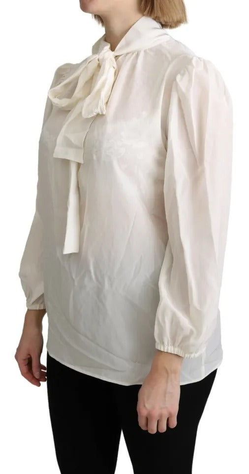 Dolce & Gabbana Off White Scarfneck Long Sleeves Bluse Seidenoberteil