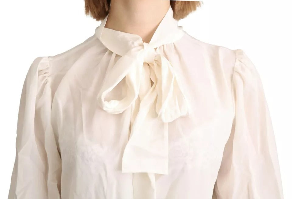 Dolce & Gabbana Off White Scarfneck Long Sleeves Bluse Seidenoberteil