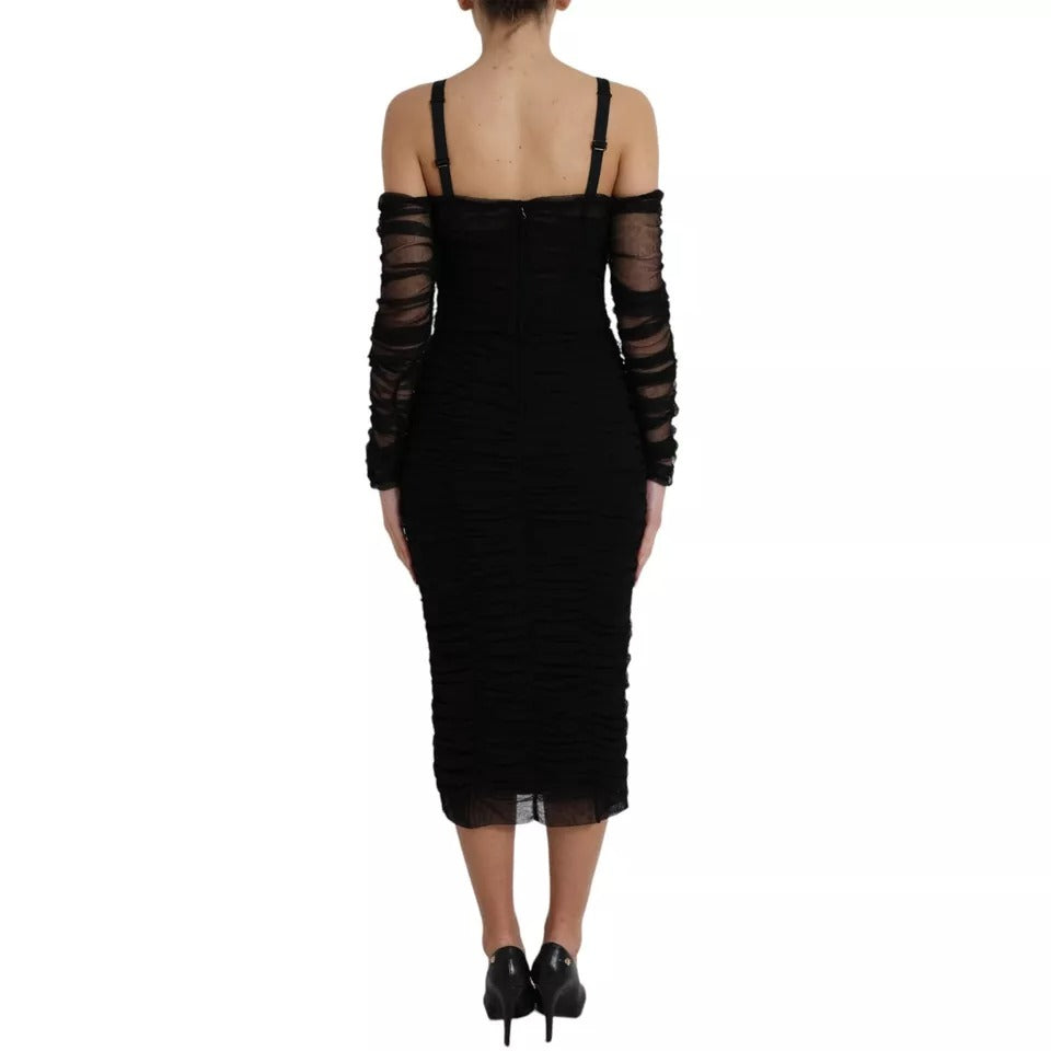 Dolce & Gabbana Schwarzes Midikleid mit kalten Schultern aus Stretch-Tüll