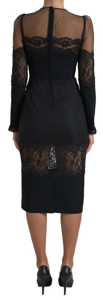 Dolce & Gabbana Schwarzes Midikleid aus transparenter, floraler Spitze