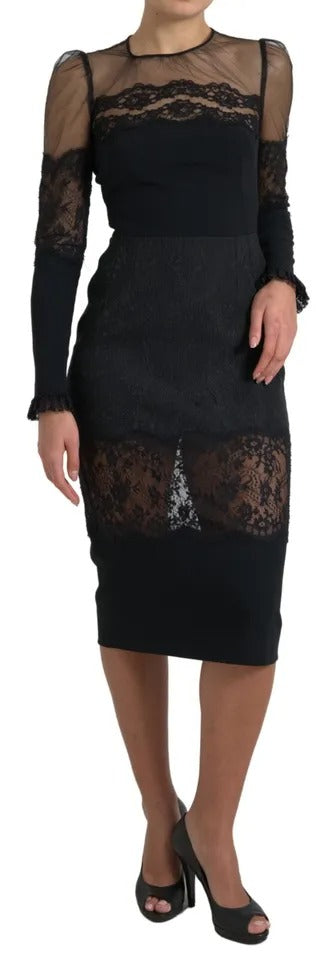 Dolce & Gabbana Schwarzes Midikleid aus transparenter, floraler Spitze
