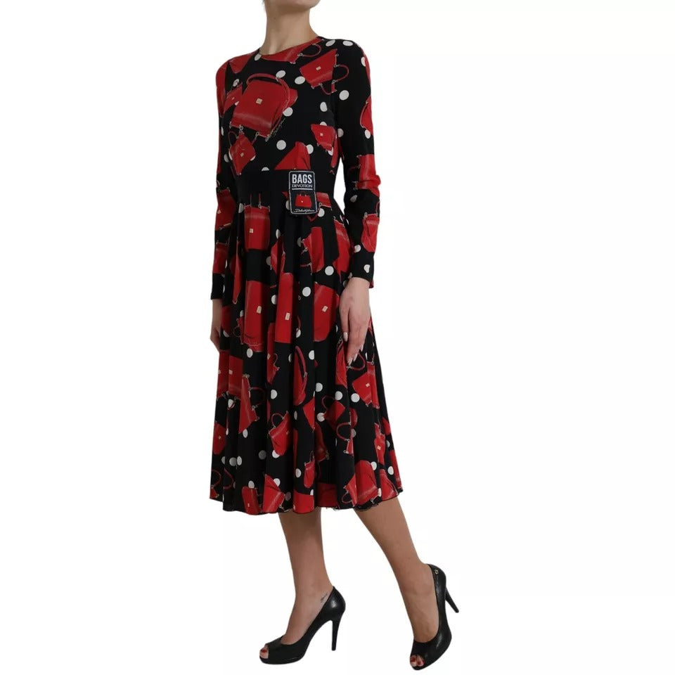 Dolce & Gabbana Schwarzes Sicily Bag Print ausgestelltes Midikleid