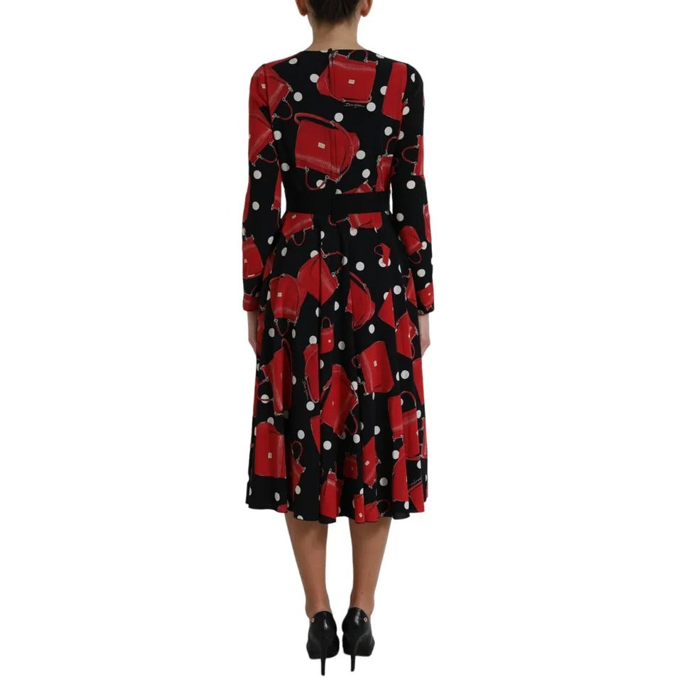 Dolce & Gabbana Schwarzes Sicily Bag Print ausgestelltes Midikleid