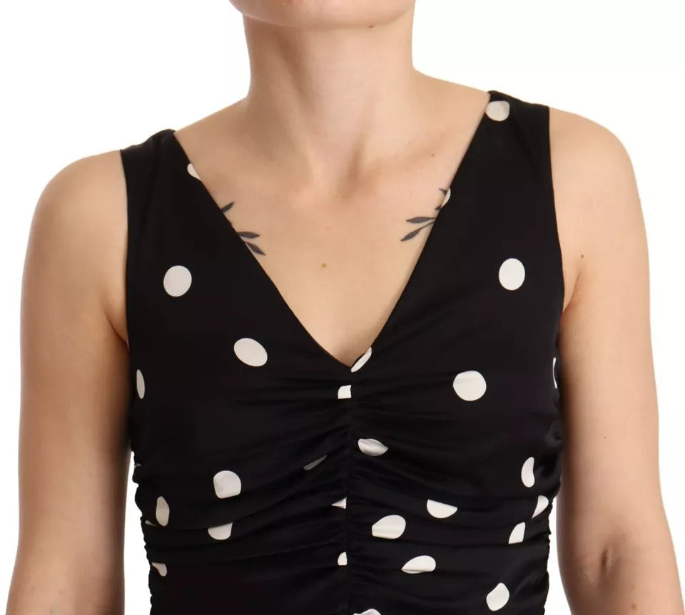 Dolce & Gabbana Schwarzes Seiden-Polka-Dots-Midikleid mit V-Ausschnitt