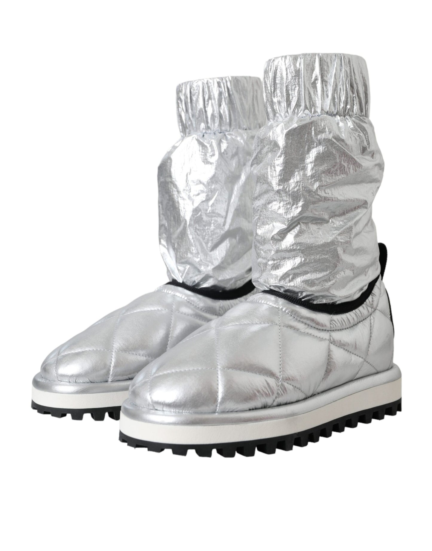 Dolce & Gabbana Metallic Silver Quilted Logo Patch Boots Shoes