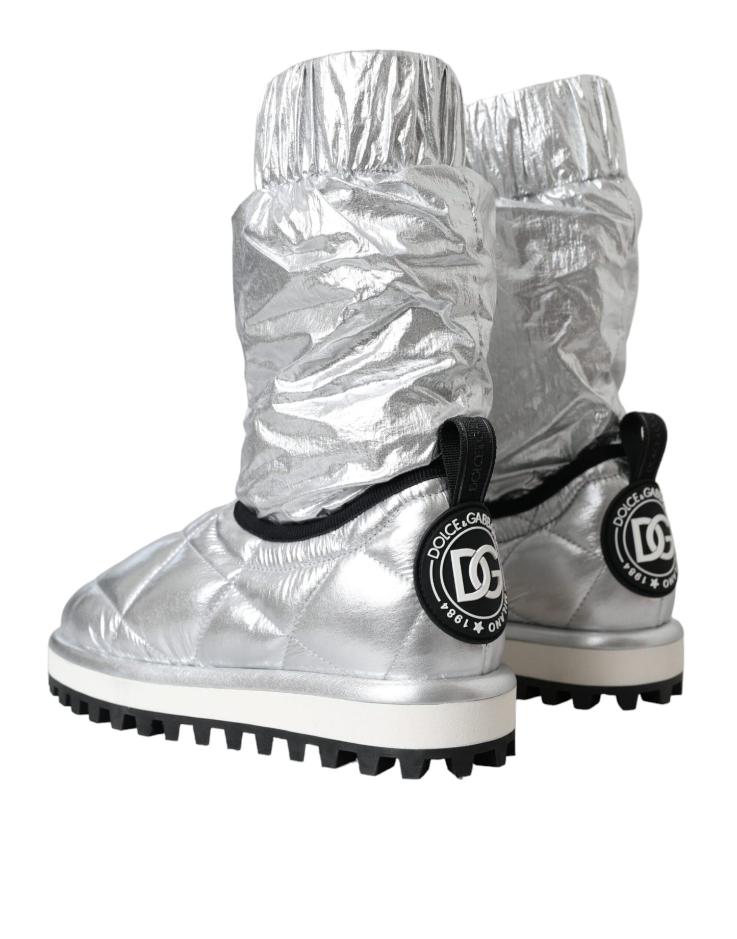 Dolce & Gabbana Metallic Silver Quilted Logo Patch Boots Shoes