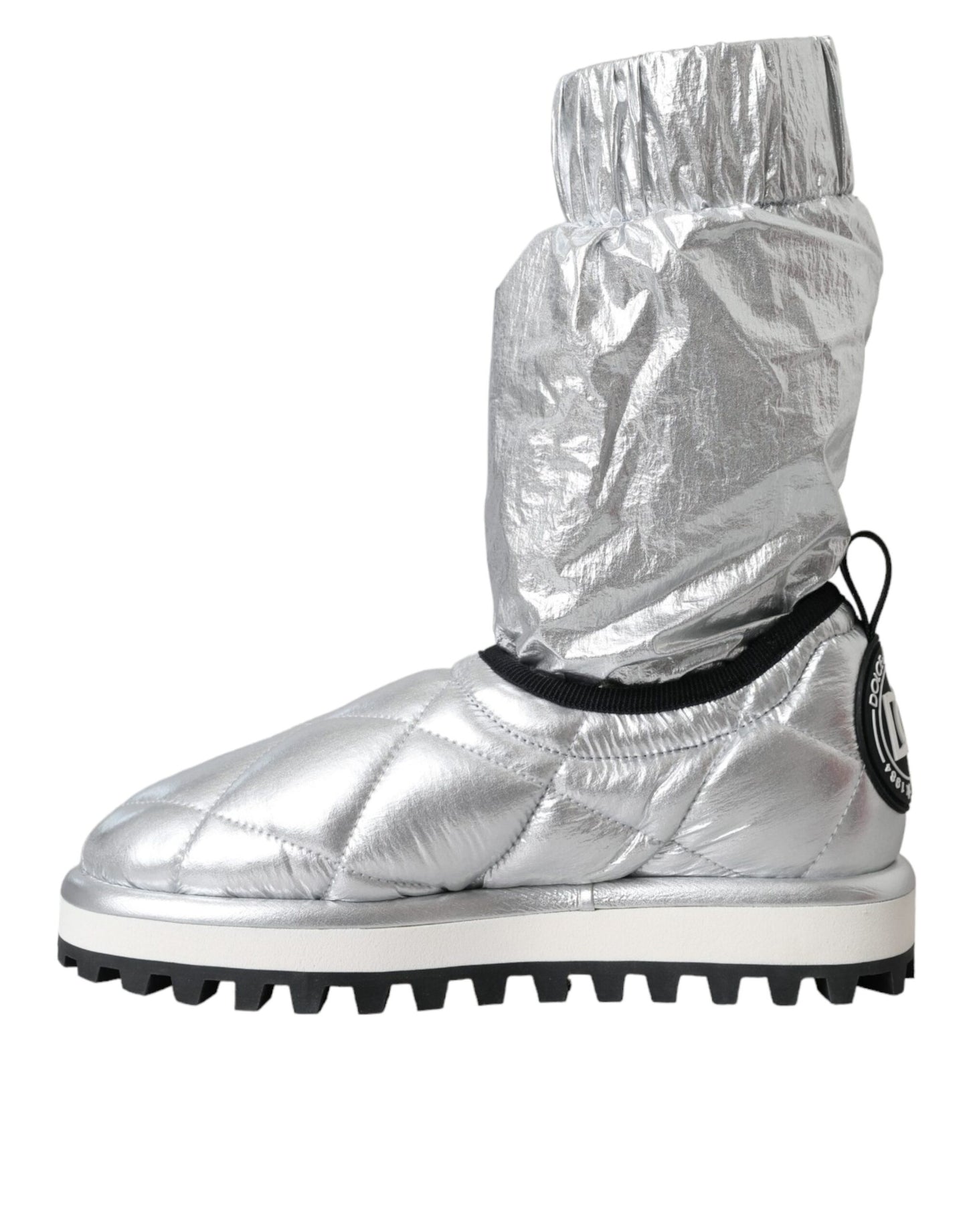 Dolce & Gabbana Metallic Silver Quilted Logo Patch Boots Shoes