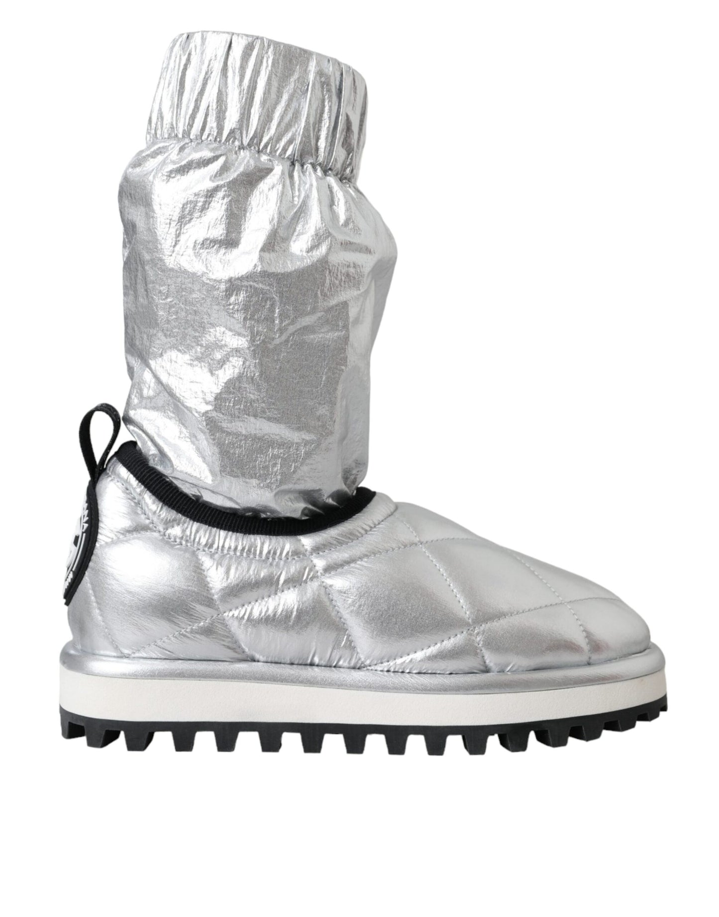 Dolce & Gabbana Metallic Silver Quilted Logo Patch Boots Shoes