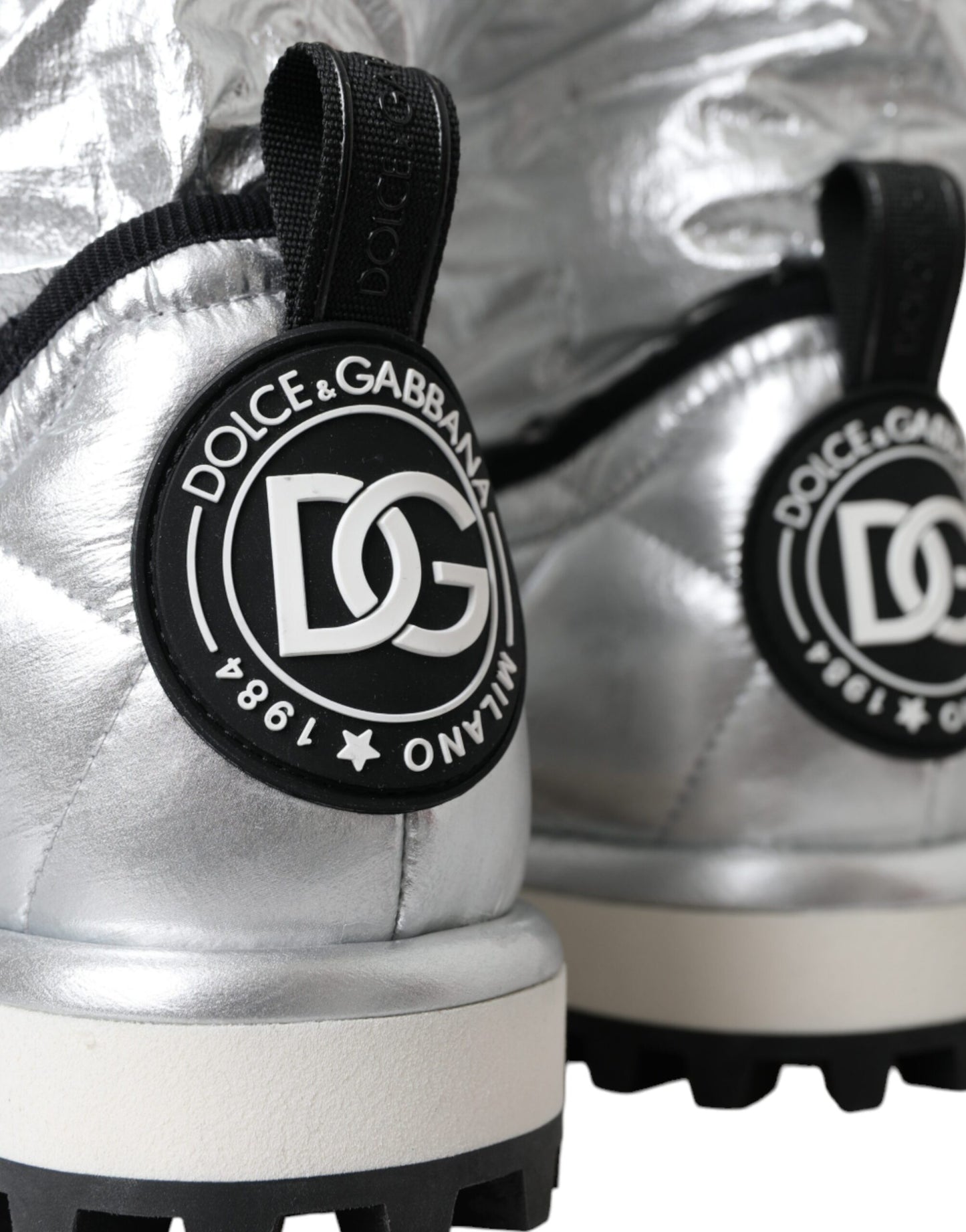 Dolce & Gabbana Metallic Silver Quilted Logo Patch Boots Shoes