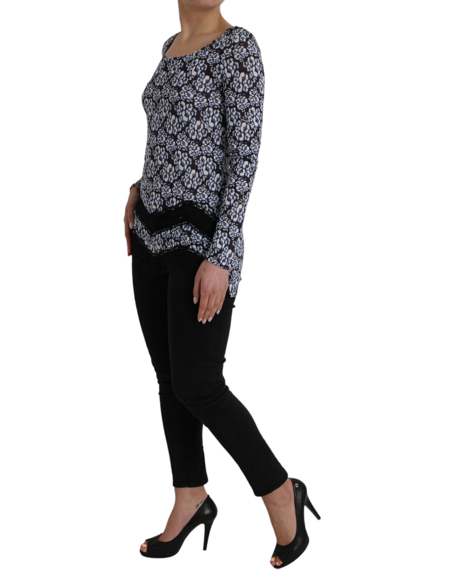 Just Cavalli Blaue florale Spitze mit langen Ärmeln Top Unterwäsche Bluse