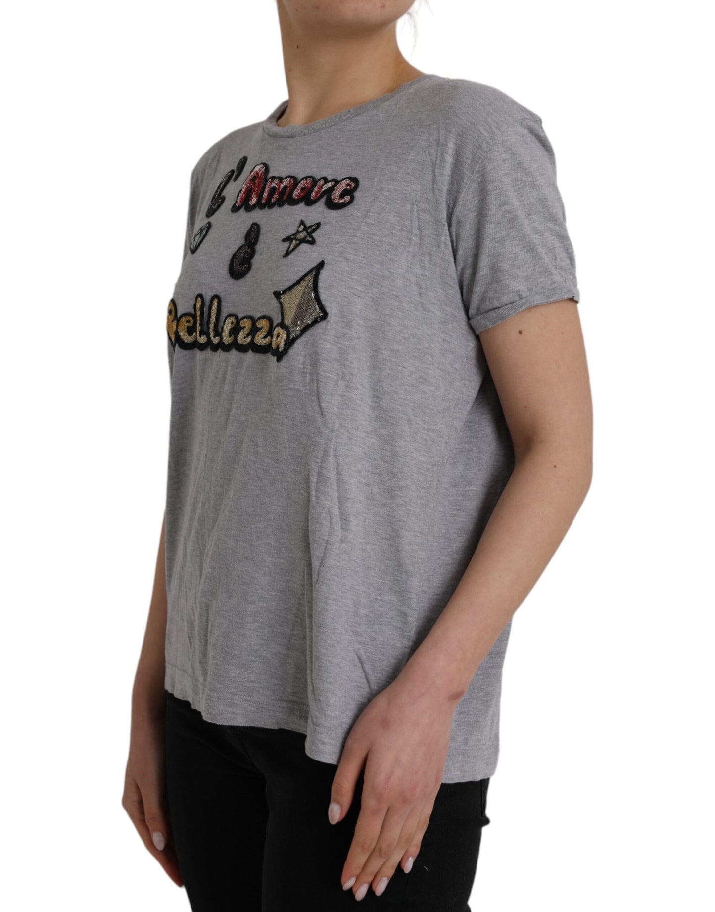 Dolce & Gabbana Graues Baumwoll-T-Shirt L'Amore E'Bellezza Top