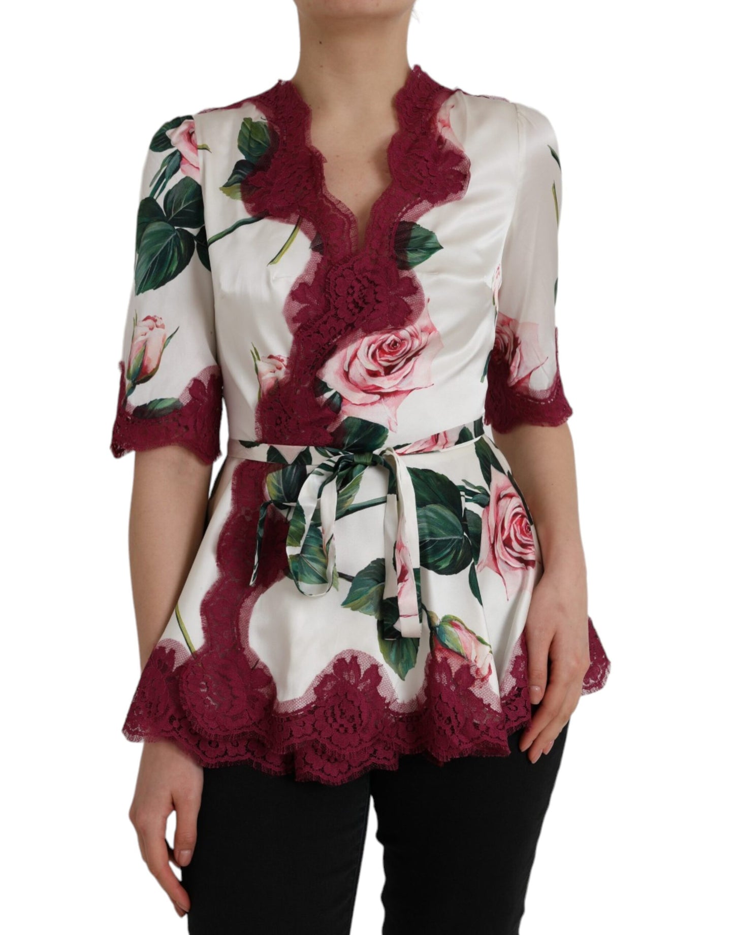Dolce & Gabbana White floral silk lace top with short sleeves