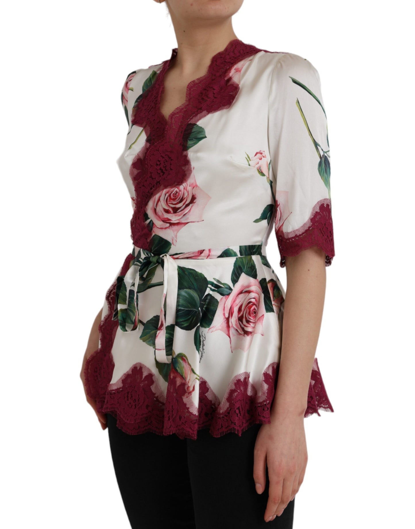 Dolce & Gabbana White floral silk lace top with short sleeves