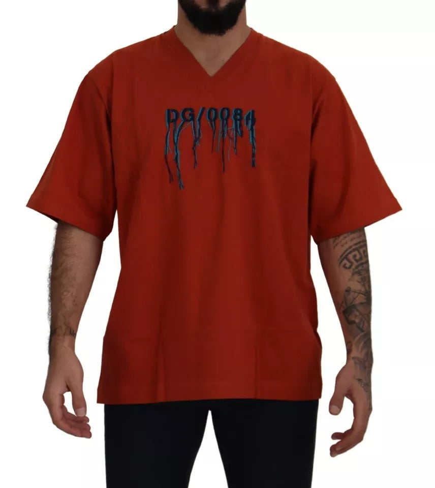 Dolce & Gabbana Red cotton T-shirt with logo embroidery and round neck