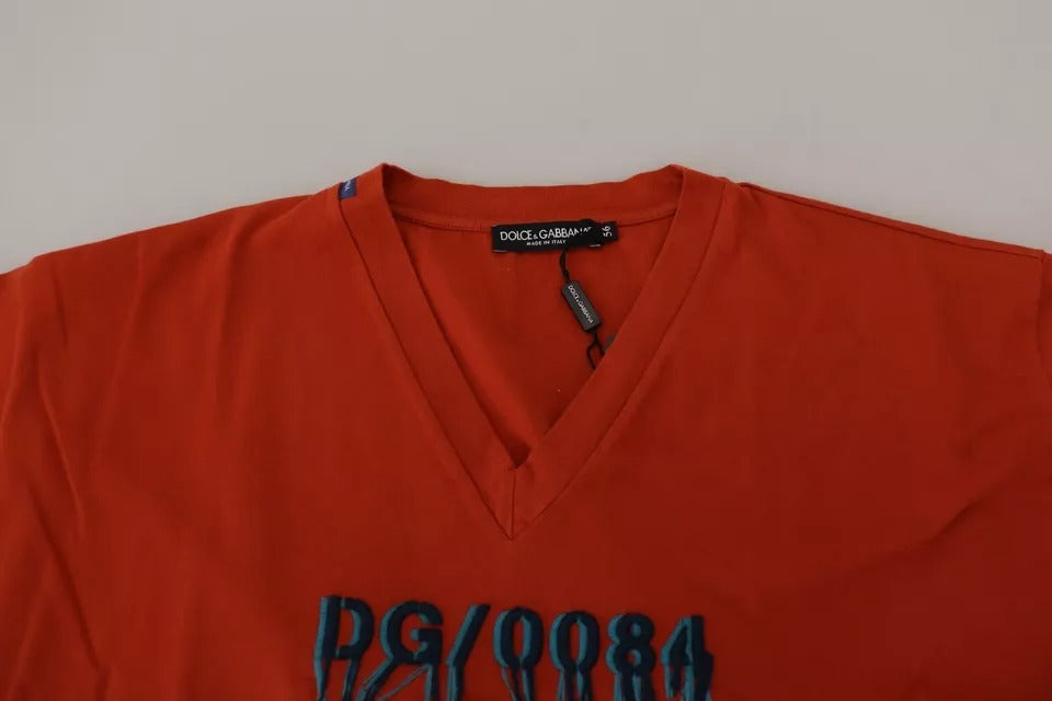 Dolce & Gabbana Red cotton T-shirt with logo embroidery and round neck