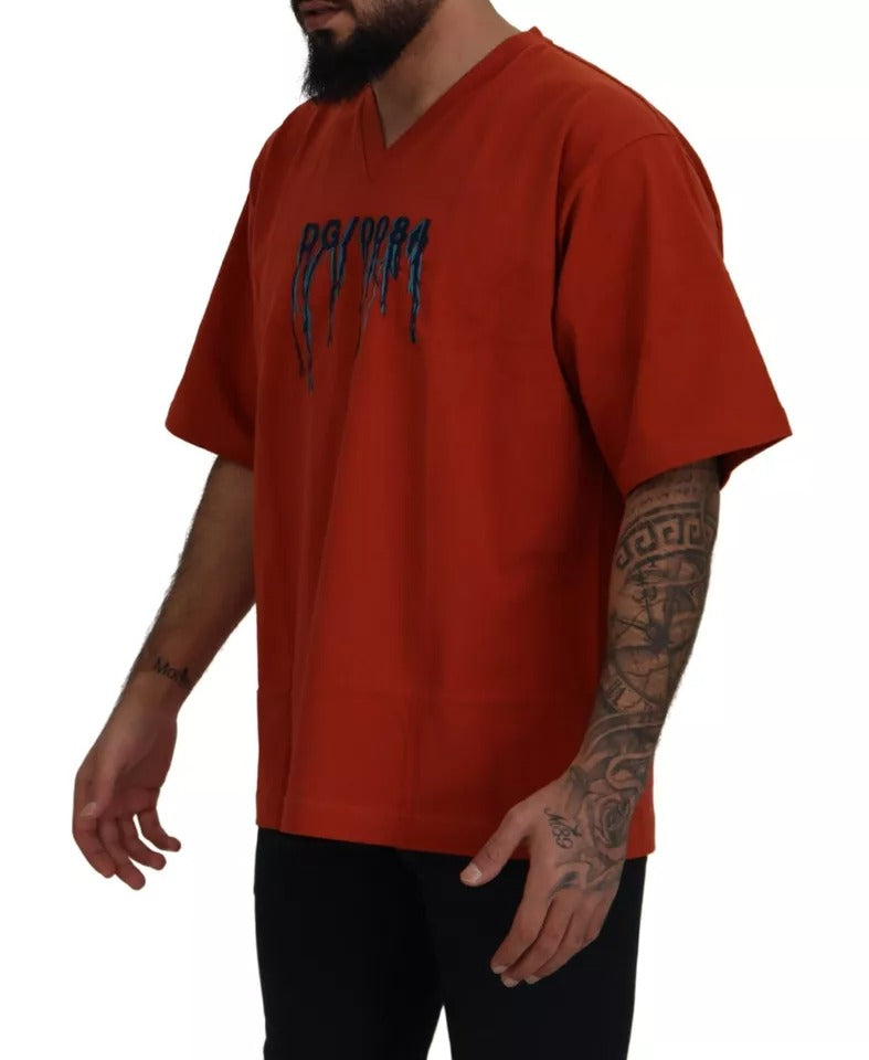 Dolce & Gabbana Red cotton T-shirt with logo embroidery and round neck
