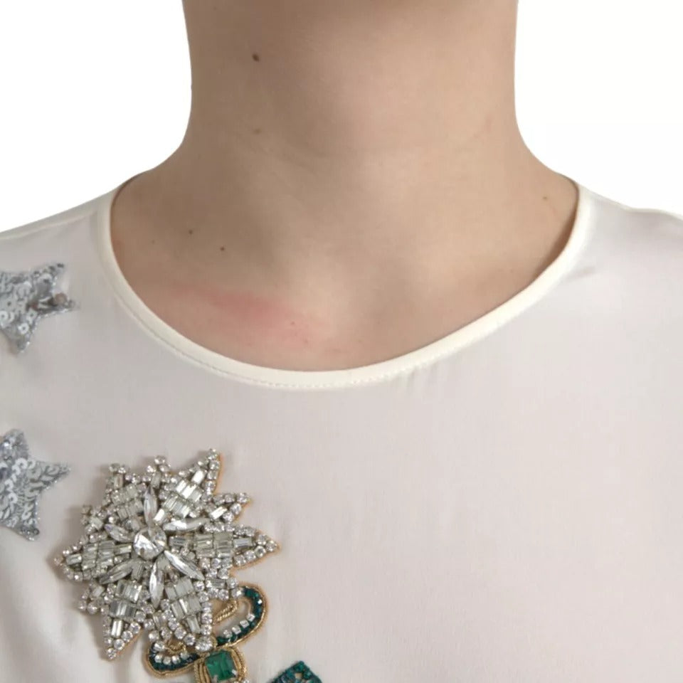 Dolce & Gabbana Weißes Seidenkristall 3/4 Ärmel Blusenoberteil