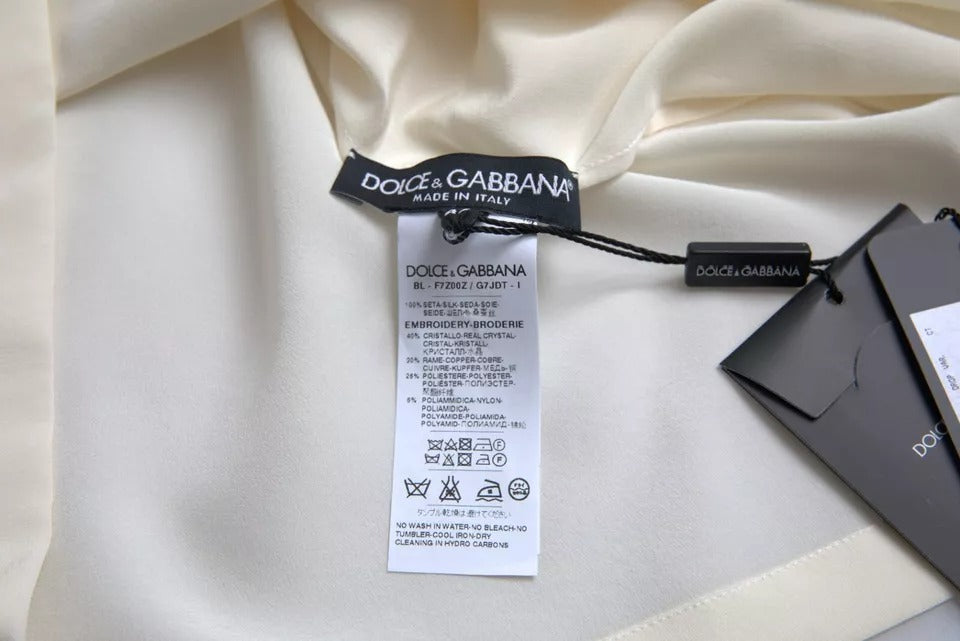 Dolce & Gabbana Weißes Seidenkristall 3/4 Ärmel Blusenoberteil